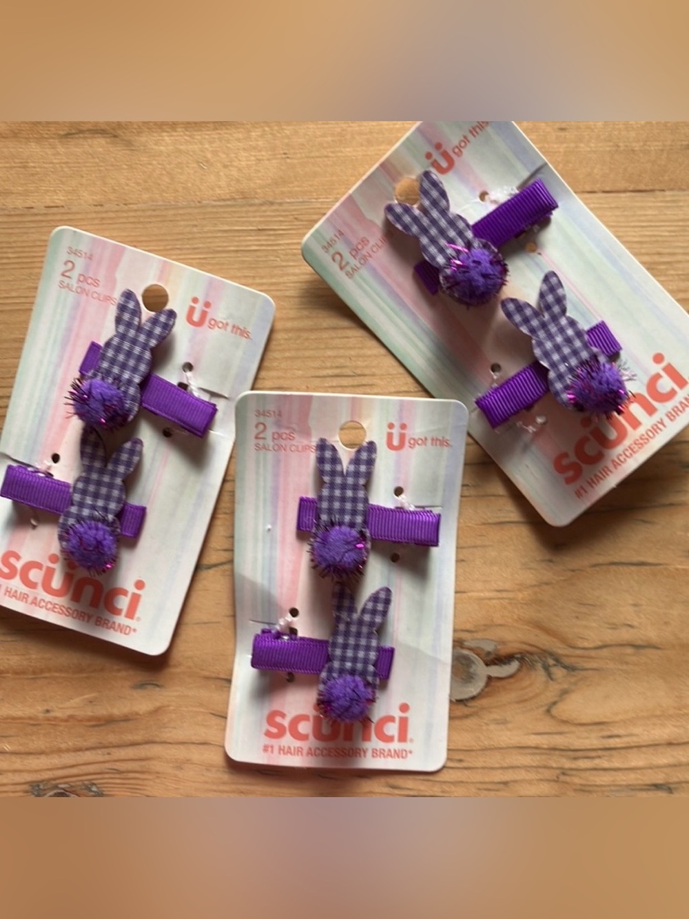 Purple Gingham Plaid Bunny Hair Clips by Scunci